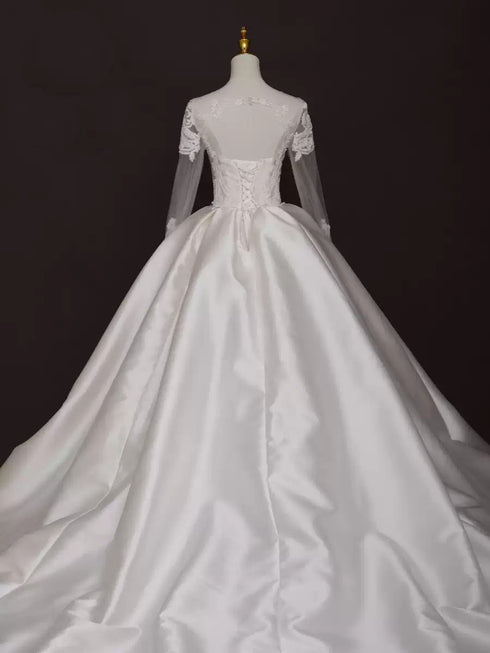 Lace Wedding Dress with Long Sleeves – Satin Wedding Dresses Long Sleeve with Sheer Illusion Bodice – Corset Wedding Dress Plus Size
